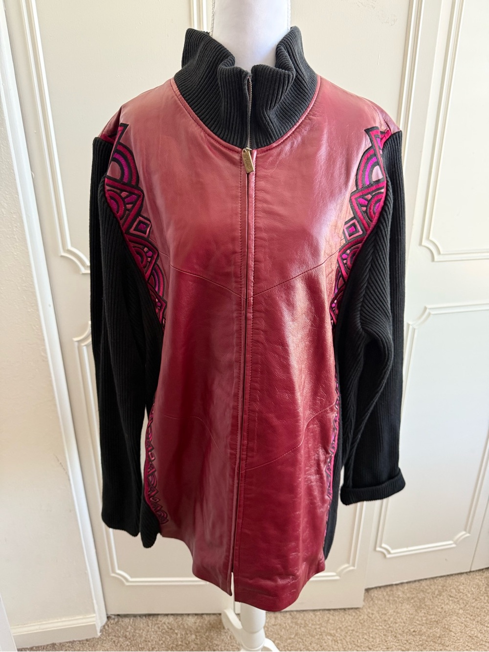 Vintage Bob Mackie Burgundy Leather & Black Knit Jacket